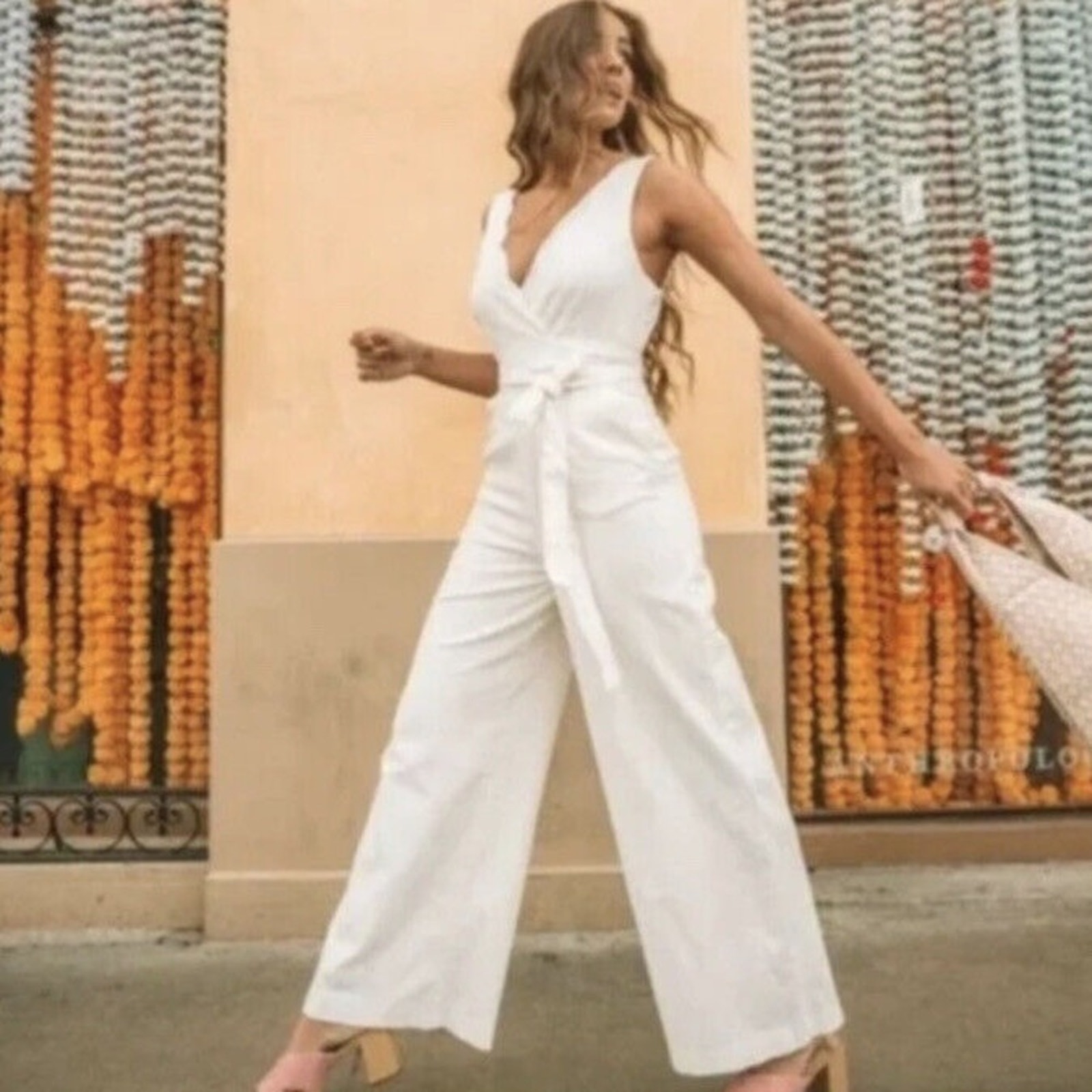 Chino By Anthro Womenâs White Wrap Top Wide Leg Sleeveless Scalloped Jumpsuit 2